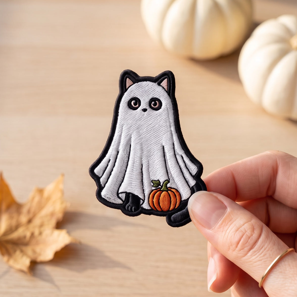 Halloween Ghost Cat Pumpkin embroidered iron on patch — front view