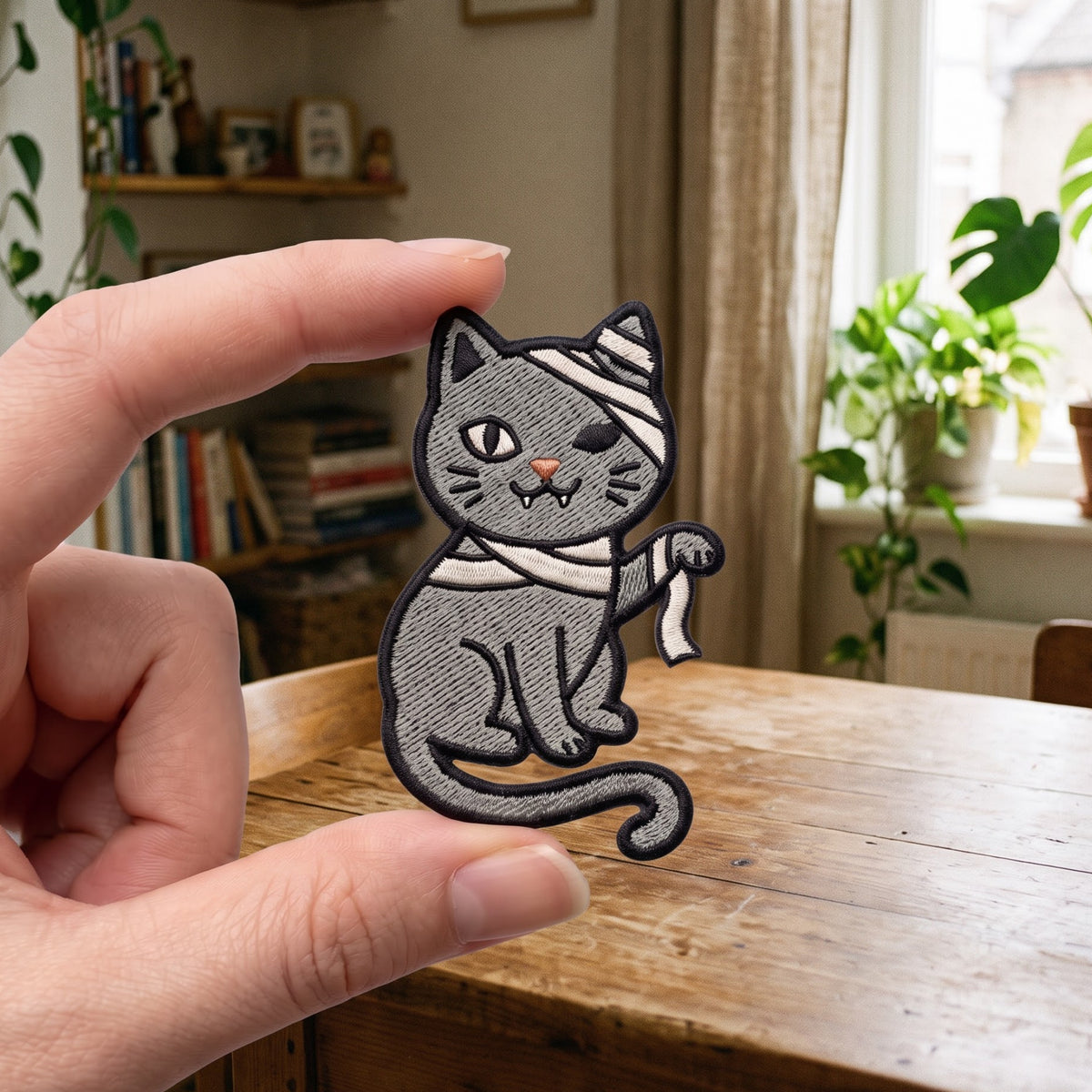 Halloween Mummy Cat Bandage Wrapped Spooky Cute embroidered iron on patch — front view