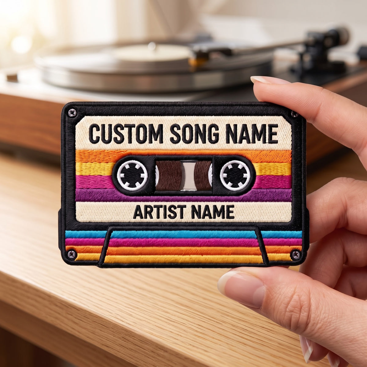 Personalized Retro Cassette Tape Custom Song Artist Name embroidered iron on patch — front view