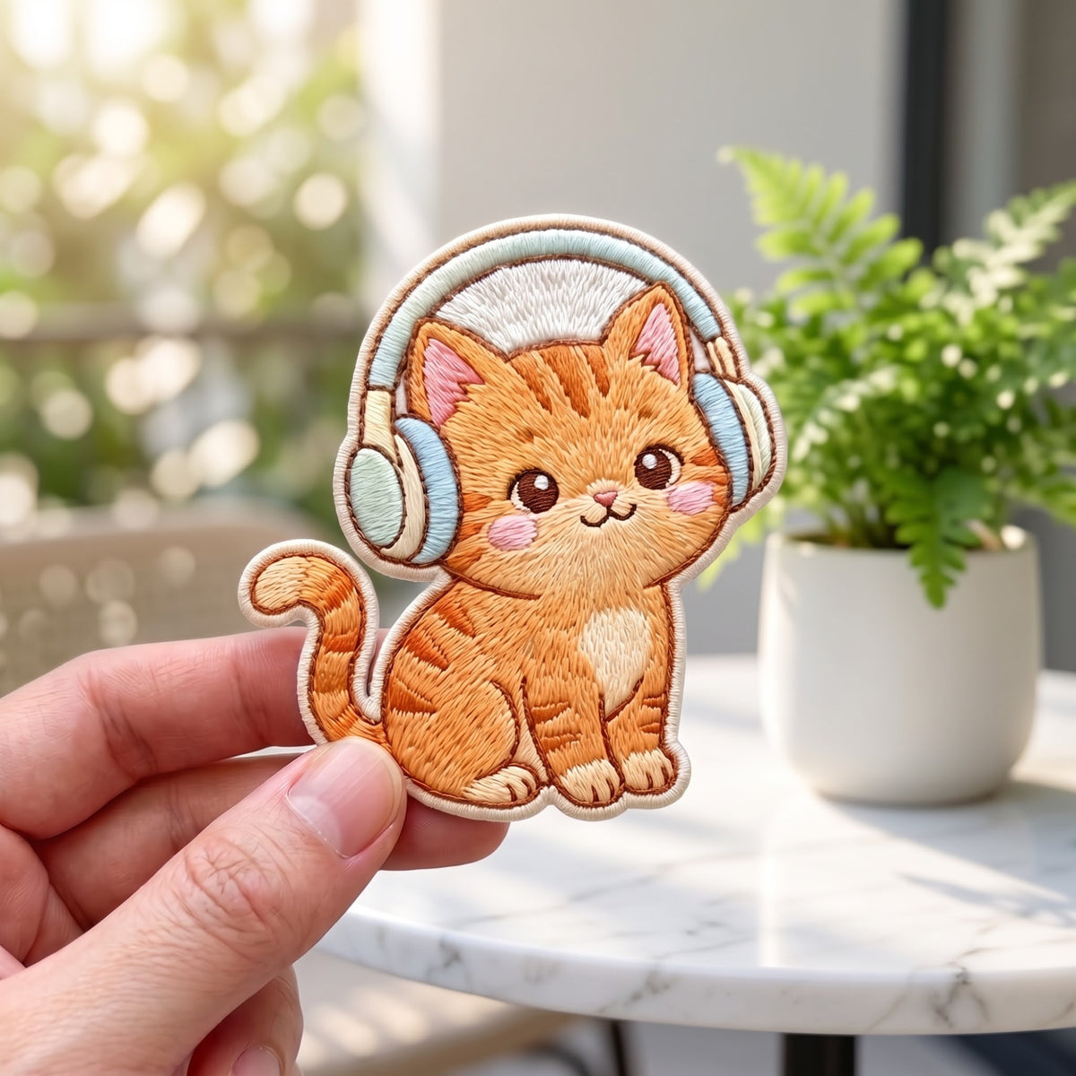 Orange Tabby Cat Headphones Music Lover embroidered iron on patch — front view