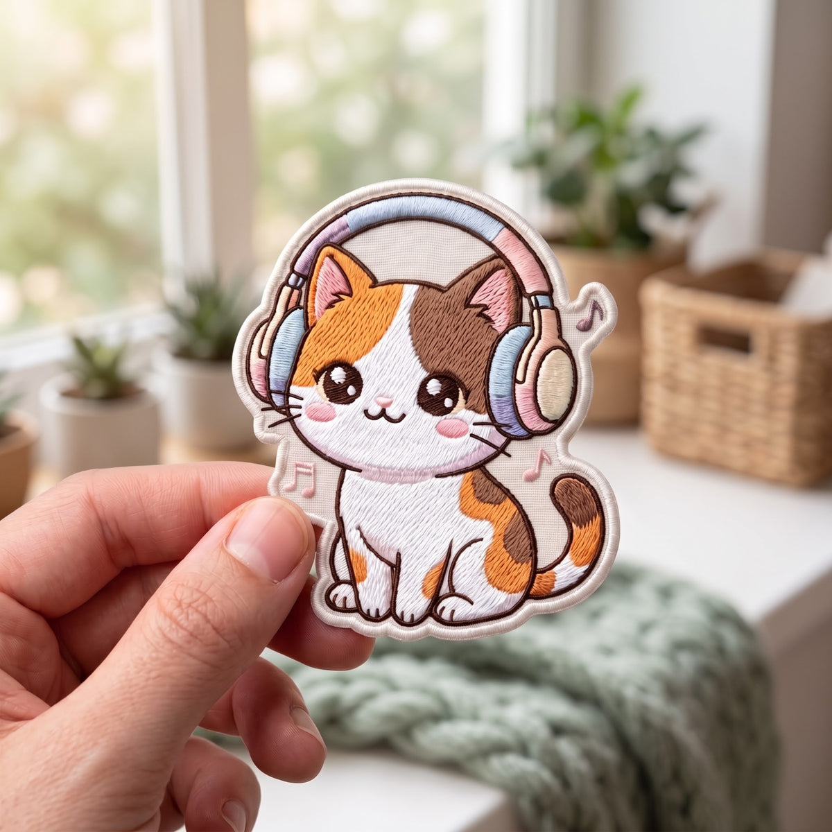 Calico Cat Headphones Music Notes Kawaii embroidered iron on patch — front view