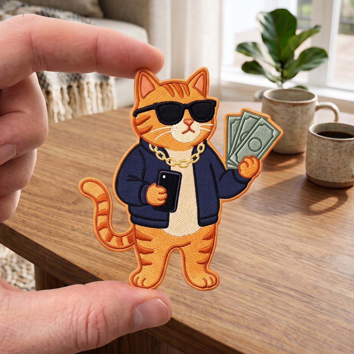 Cool Orange Tabby Cat Sunglasses Gold Chain Money Phone embroidered iron on patch — front view