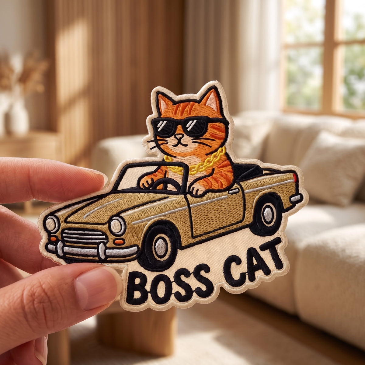 Boss Cat Orange Tabby Sunglasses Gold Chain Convertible Car embroidered iron on patch — front view