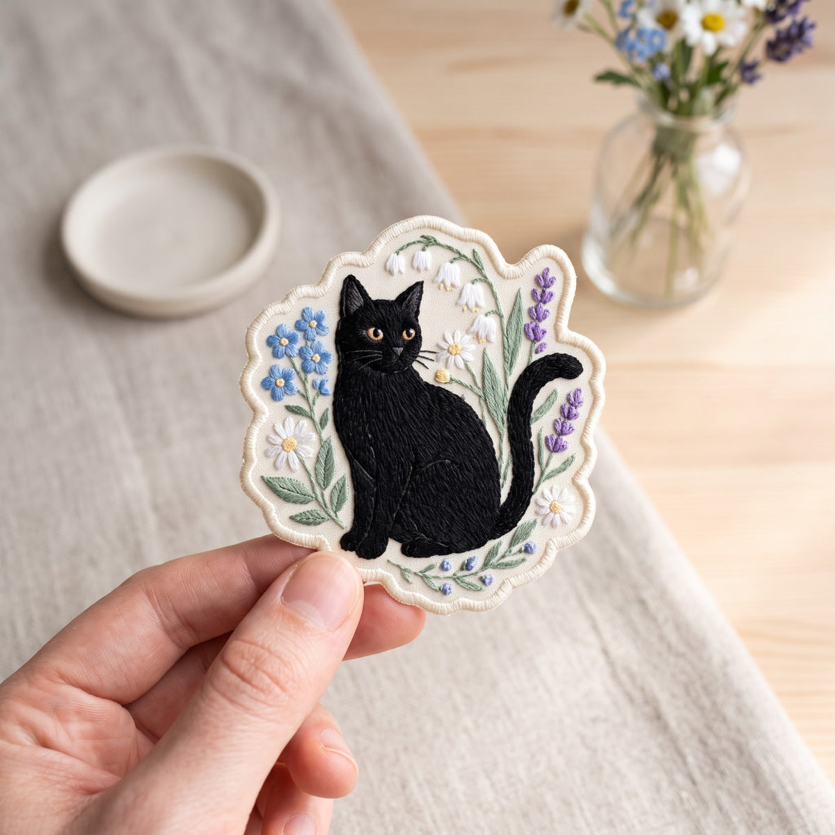 Black Cat Wildflower Botanical Floral Garden Iron On Embroidered Patch — Iron-on patch