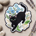 Black Cat Wildflowers Forget-Me-Not Botanical Iron On Embroidered Patch — Iron-on patch