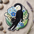 Black Cat Stretching Forget-Me-Not Lily of the Valley Floral Iron On Embroidered Patch — Iron-on patch