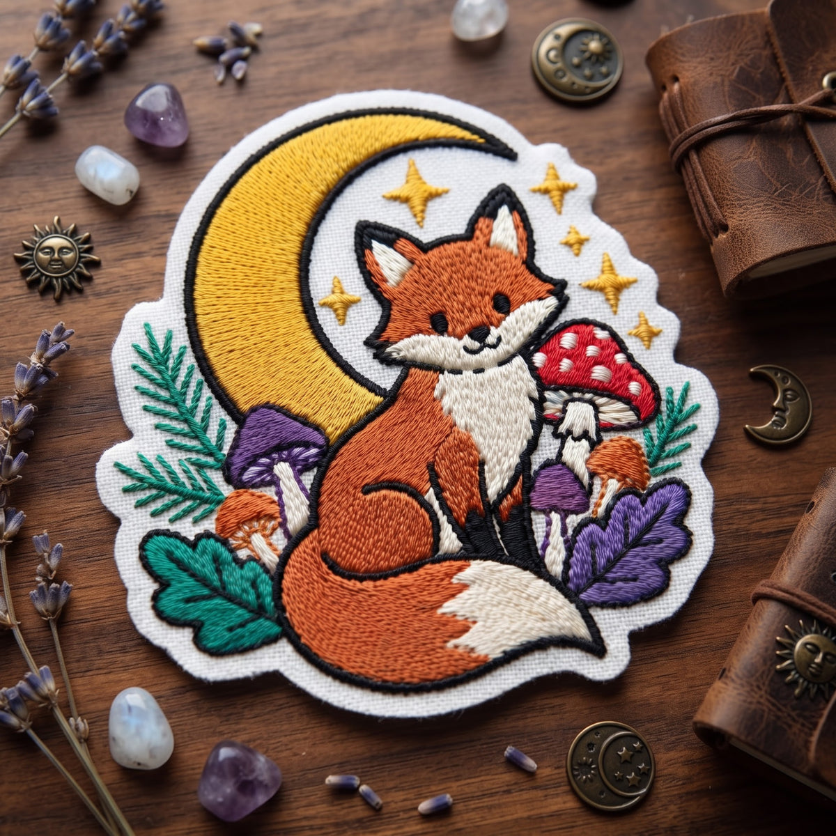 Mystical Fox Crescent Moon Mushrooms Stars Cottagecore Iron On Embroidered Patch — Iron-on patch