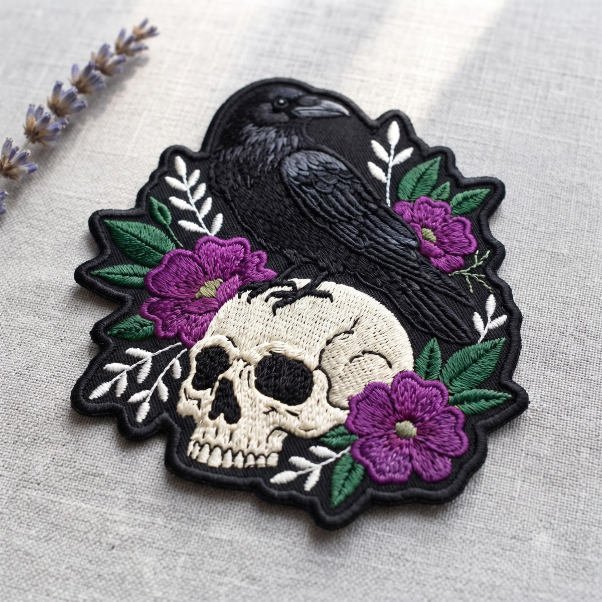 Raven Skull Purple Floral Gothic Halloween Iron On Embroidered Patch — Iron-on patch