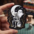 Halloween Skeleton Ghost Crescent Moon Graveyard Spooky Iron On Embroidered Patch — Iron-on patch