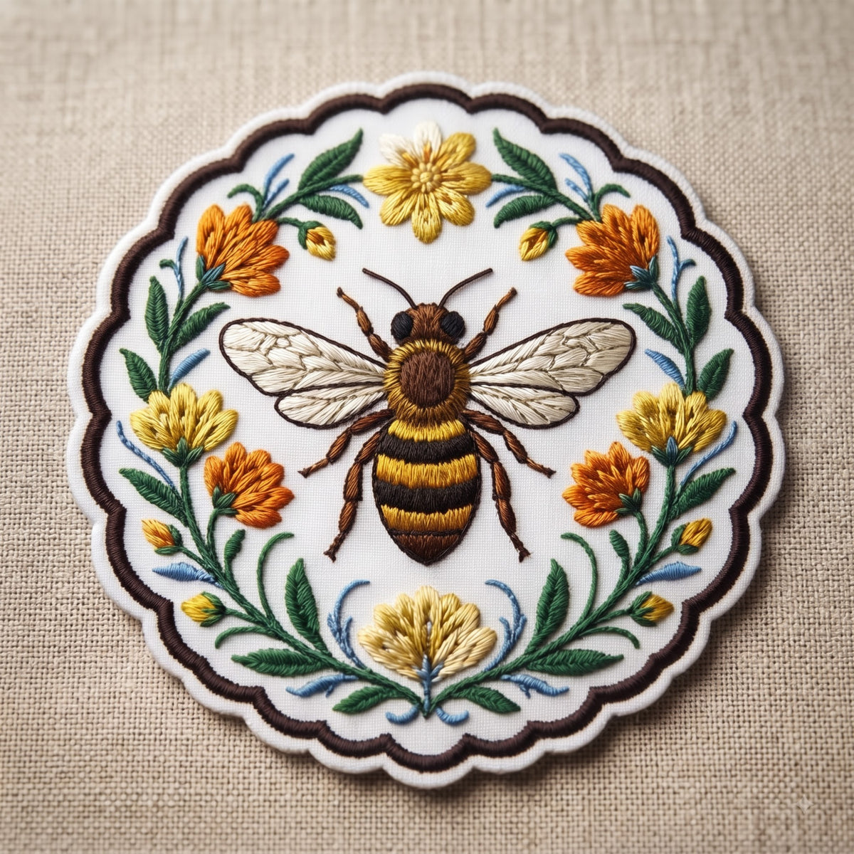 Honey Bee Wildflower Wreath Folk Art Iron On Embroidered Patch — Iron-on patch