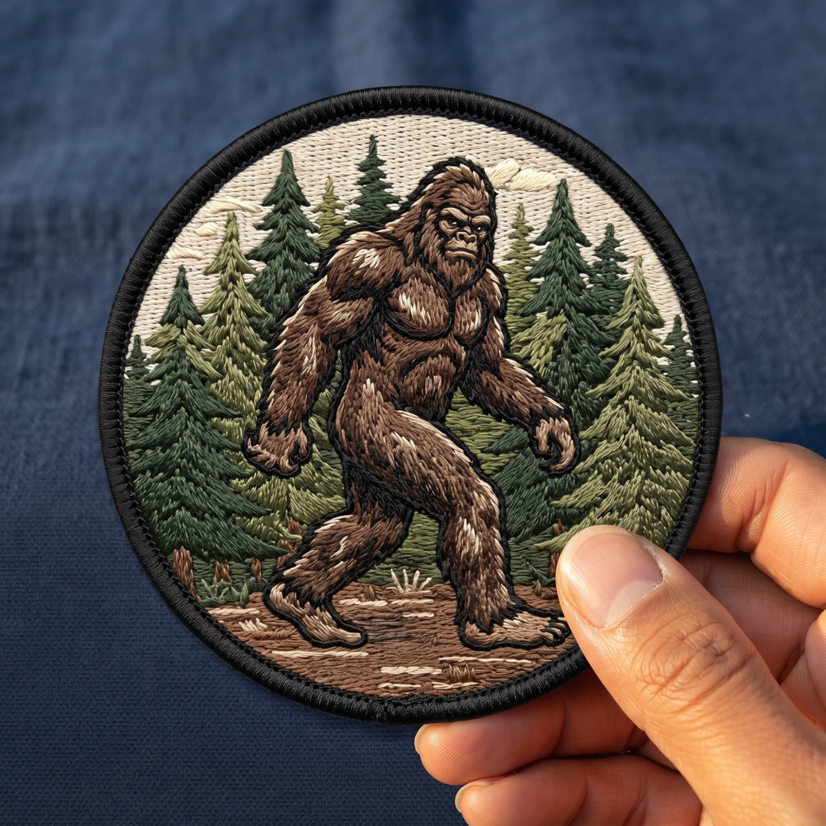 Bigfoot Sasquatch Pine Forest Wilderness Iron On Embroidered Patch — Iron-on patch