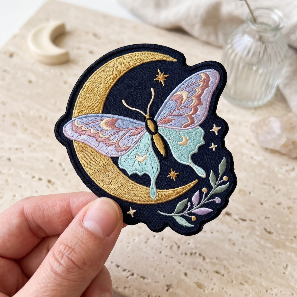 Celestial Moth Crescent Moon Stars Botanical Iron On Embroidered Patch — Iron-on patch