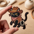 Black Cat Cowboy Hat Bandana Lasso Western Iron On Embroidered Patch — Iron-on patch