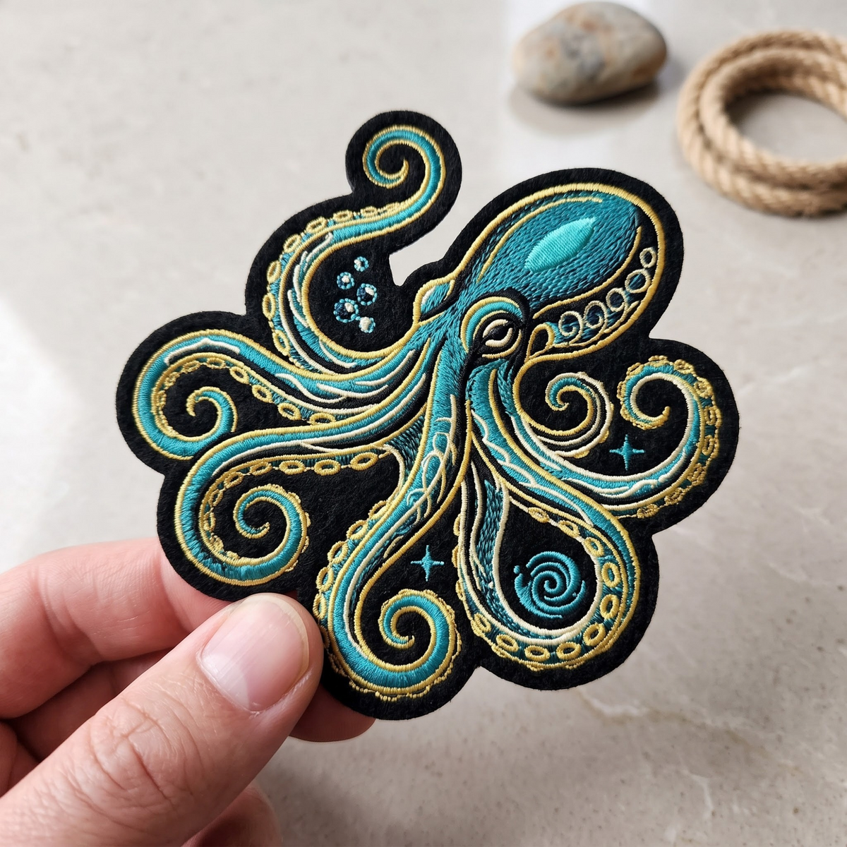 Octopus Tentacles Swirl Gold Teal Baroque Iron On Embroidered Patch — Iron-on patch