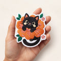 Black Cat Sitting in Orange Flower Floral Iron On Embroidered Patch — Iron-on patch