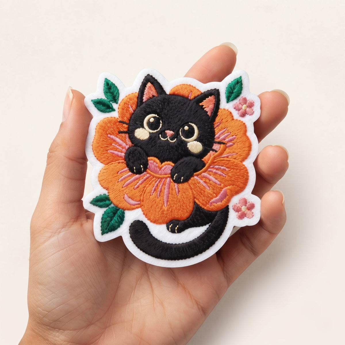 Black Cat Sitting in Orange Flower Floral Iron On Embroidered Patch — Iron-on patch