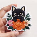 Black Cat Floral Bouquet Peony Botanical Iron On Embroidered Patch — Iron-on patch