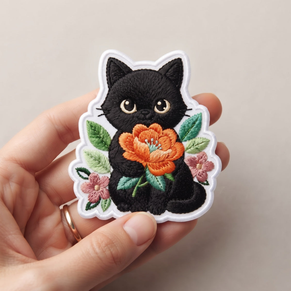 Black Cat Holding Floral Bouquet Kawaii Iron On Embroidered Patch — Iron-on patch