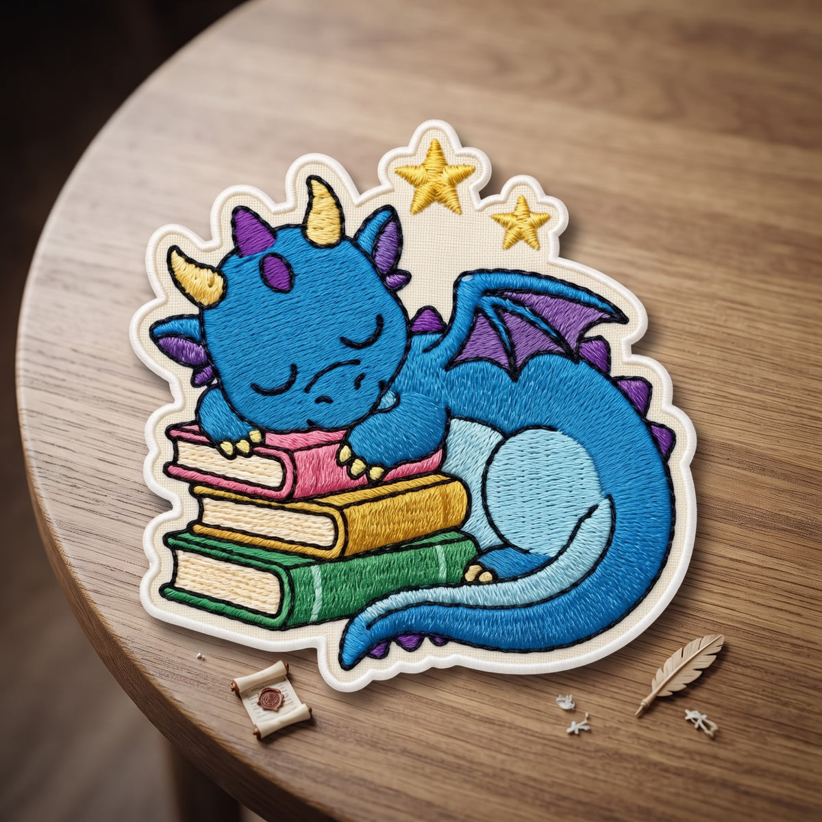 Sleeping Baby Dragon Books Stars Iron On Embroidered Patch — Iron-on patch