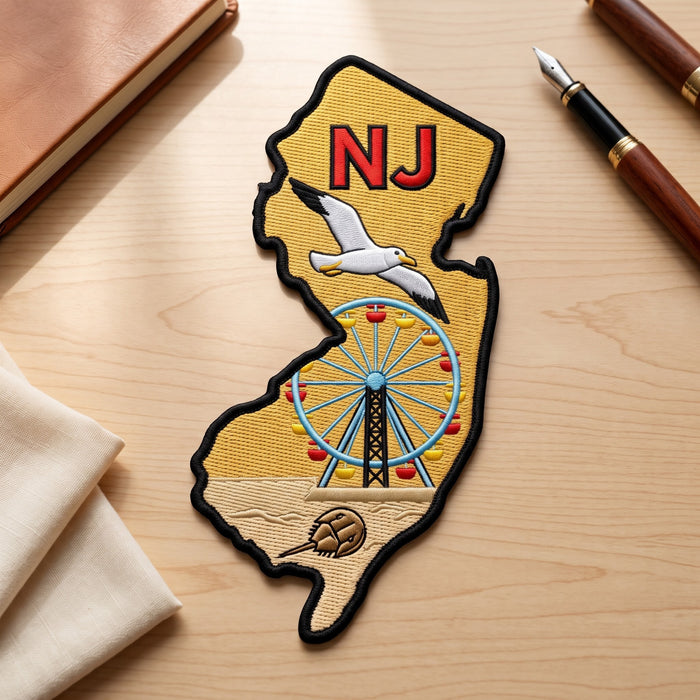 New Jersey State NJ Seagull Ferris Wheel Horseshoe Crab Boardwalk Iron On Embroidered Patch