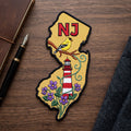 New Jersey State NJ American Goldfinch Lighthouse Violet Flowers Iron On Embroidered Patch — Iron-on patch