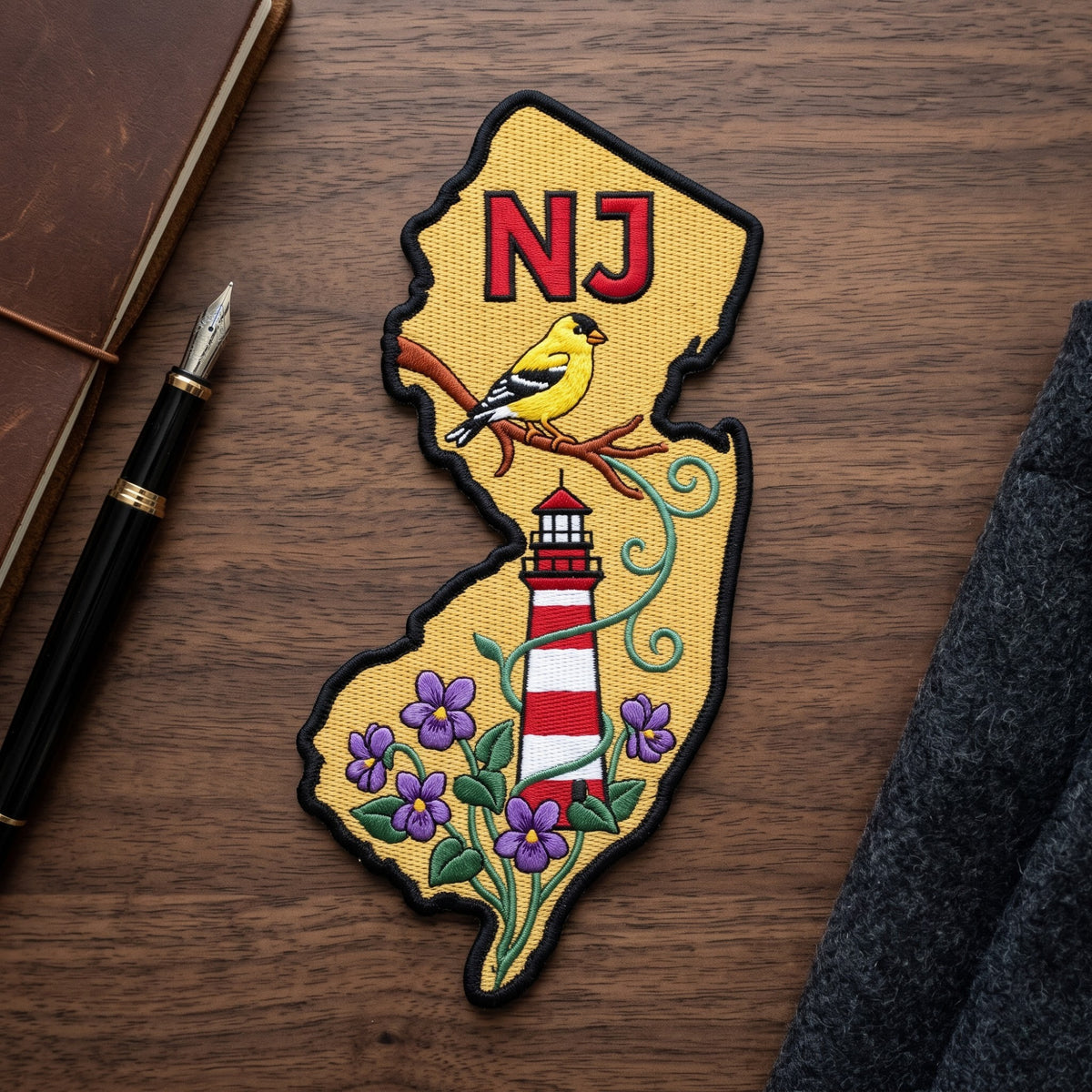 New Jersey State NJ American Goldfinch Lighthouse Violet Flowers Iron On Embroidered Patch — Iron-on patch