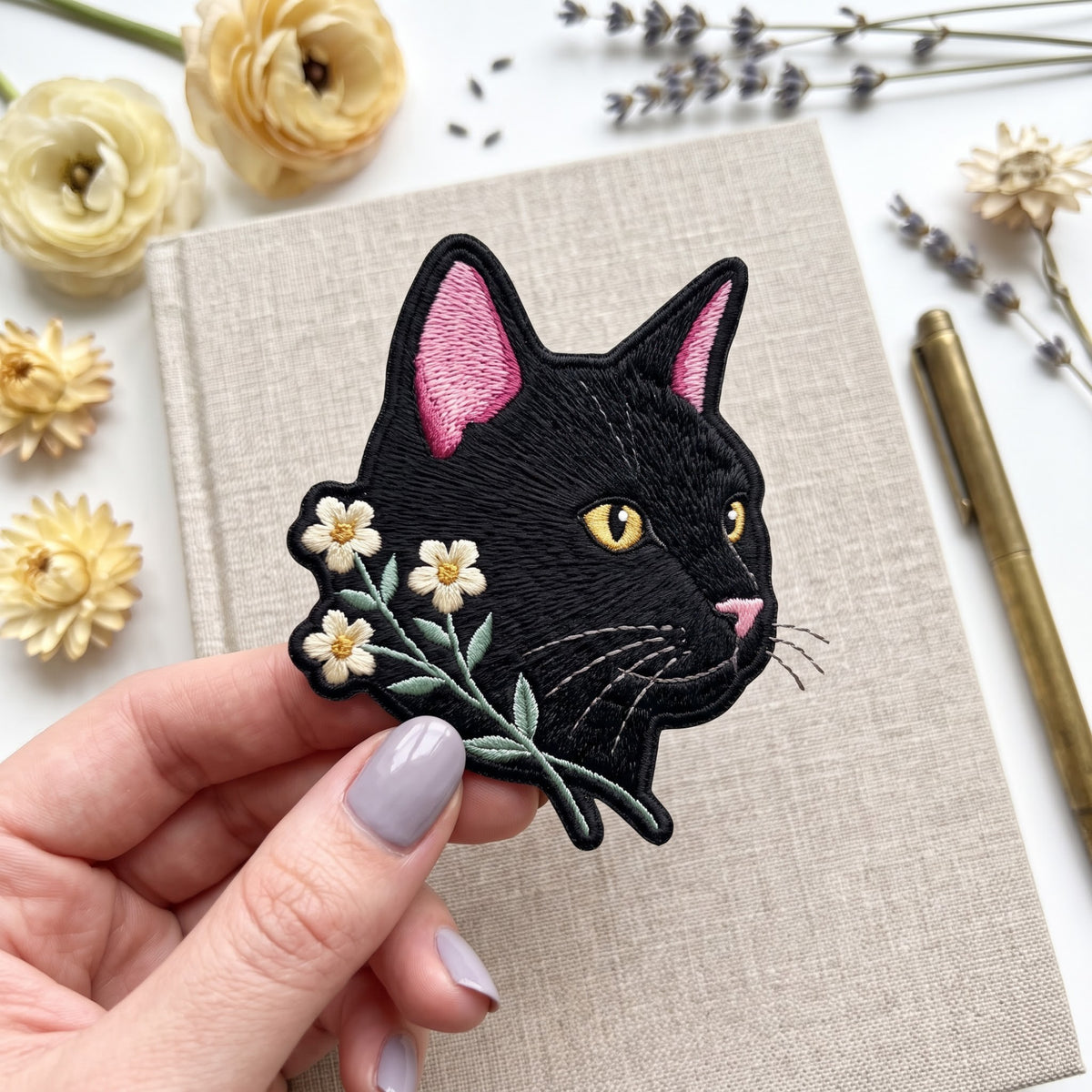 Black Cat with Wildflowers Floral Bouquet Iron On Embroidered Patch — Iron-on patch