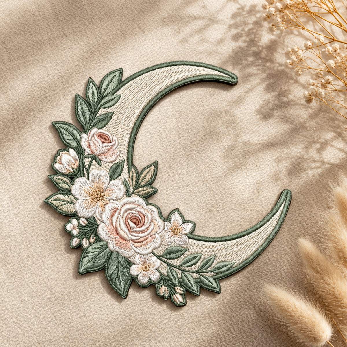 Crescent Moon Floral Roses Botanical Boho Iron On Embroidered Patch — Iron-on patch