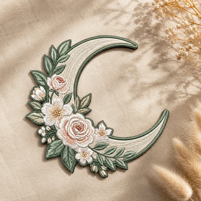 Crescent Moon Floral Roses Botanical Boho Iron On Embroidered Patch