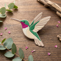 Hummingbird in Flight Botanical Green Magenta Iron On Embroidered Patch — Iron-on patch