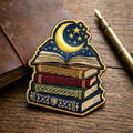 Stacked Books Moon Stars Celtic Reading Iron On Embroidered Patch — Iron-on patch