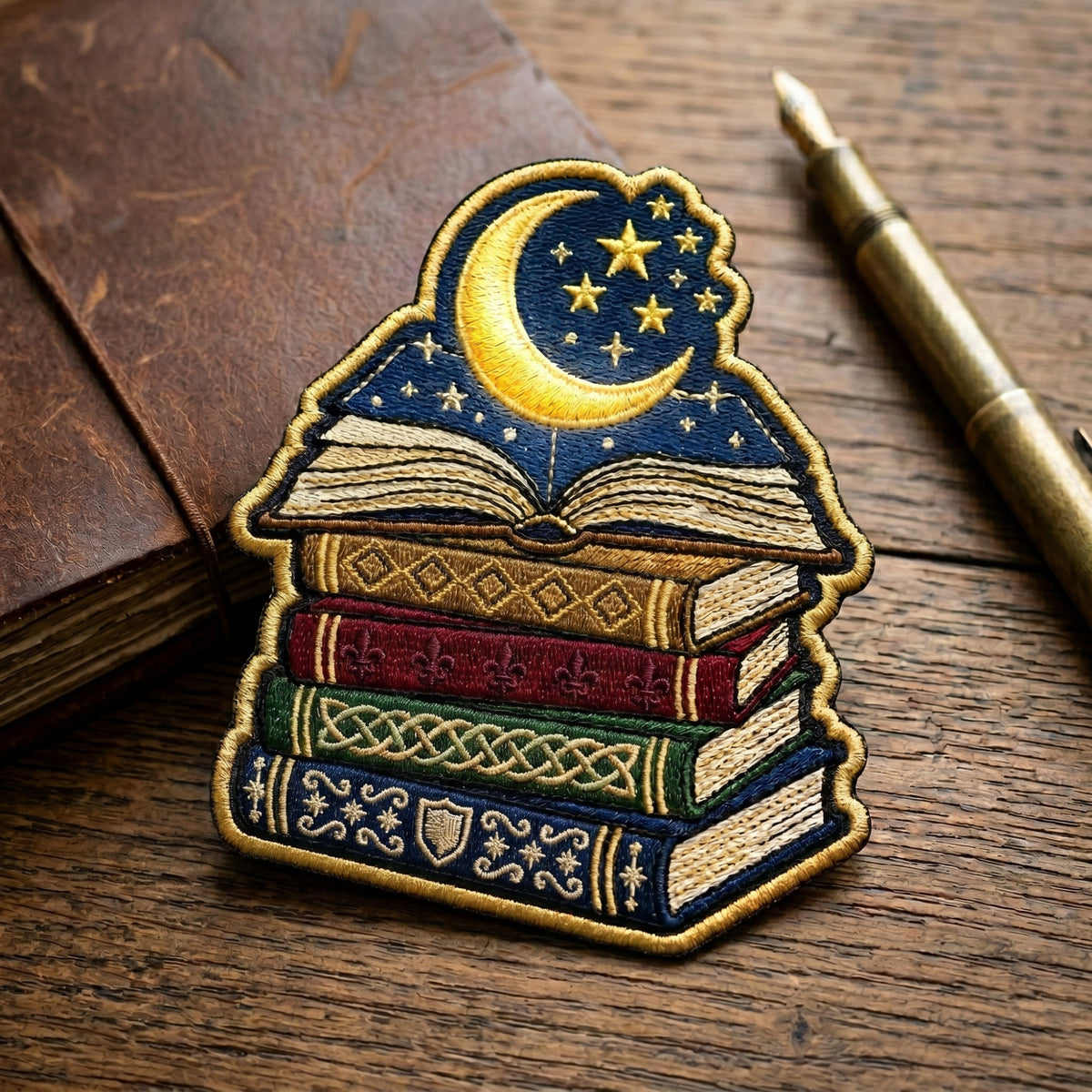 Stacked Books Moon Stars Celtic Reading Iron On Embroidered Patch — Iron-on patch