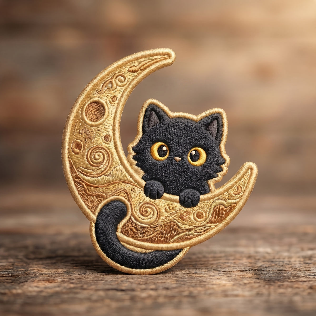 Black Cat Sitting Crescent Moon Swirl Celestial Iron On Embroidered Patch — Iron-on patch