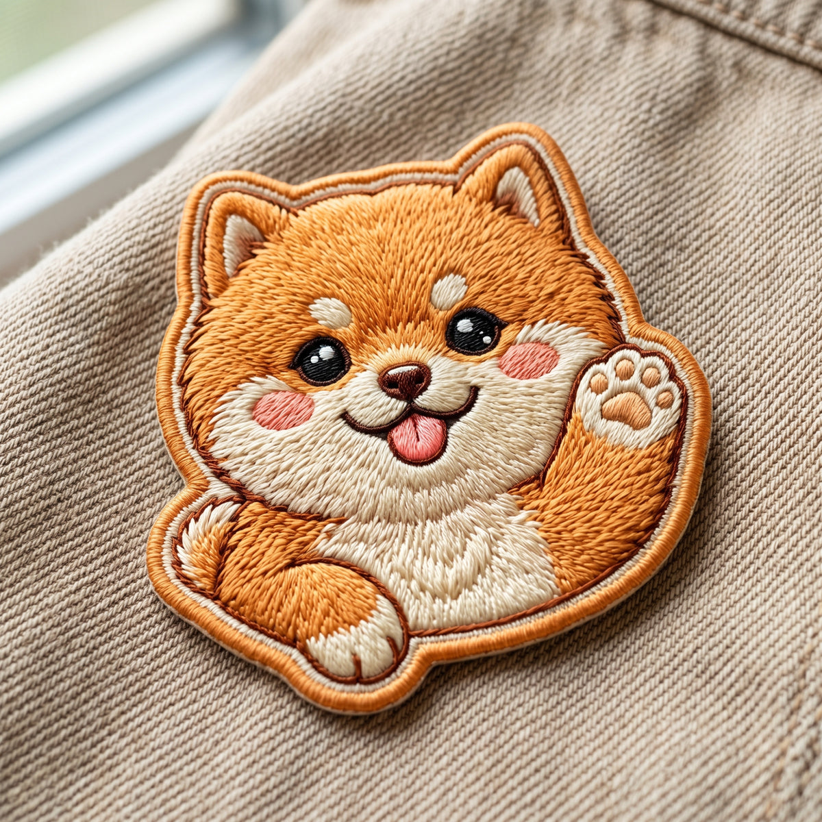 Cute Shiba Inu Puppy Waving Paw Happy Smiling Iron On Embroidered Patch — Iron-on patch