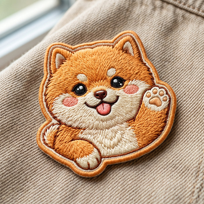 Cute Shiba Inu Puppy Waving Paw Happy Smiling Iron On Embroidered Patch