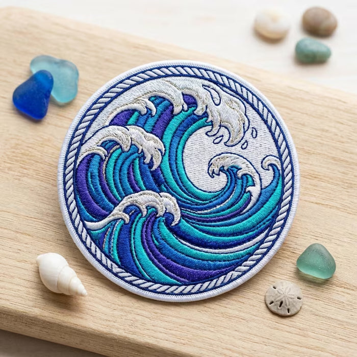Ocean Waves Circular Rope Border Iron On Embroidered Patch