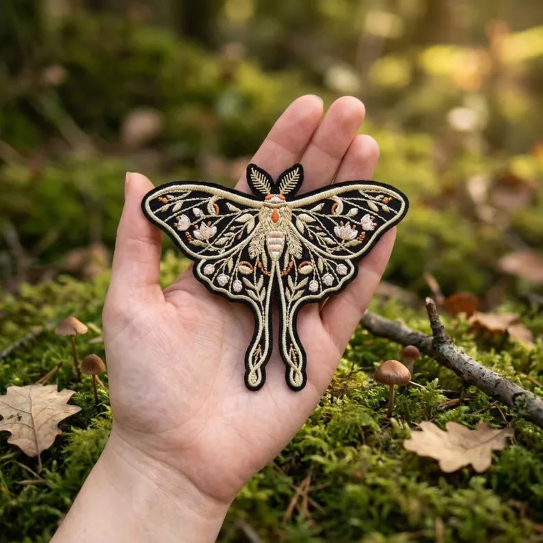 Luna Moth Floral Botanical Wildflower Iron On Embroidered Patch — Iron-on patch