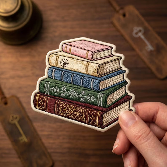 Stack of Books Vintage Botanical Compass Iron On Embroidered Patch