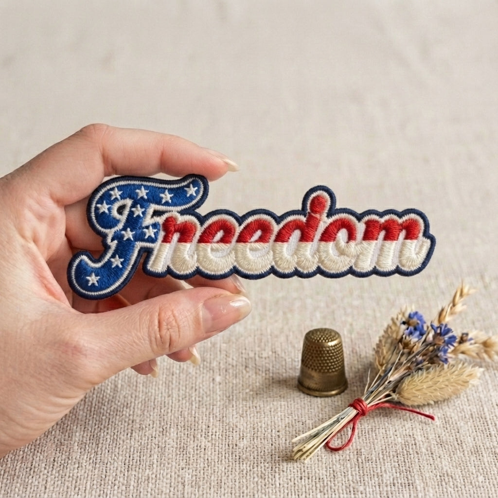 Freedom American Flag Stars Stripes Retro Script Iron On Embroidered Patch — Iron-on patch