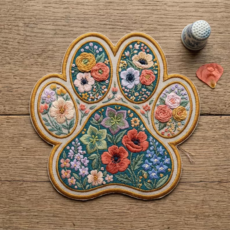 Floral Paw Print Botanical Garden Dog Cat Iron On Embroidered Patch — Iron-on patch