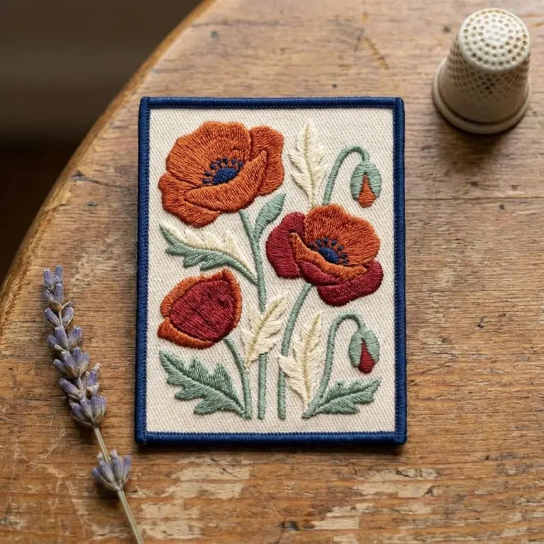 Poppy Wildflower Botanical Wheat Stems Iron On Embroidered Patch — Iron-on patch