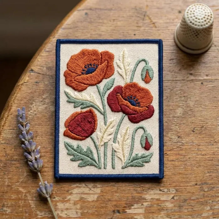 Poppy Wildflower Botanical Wheat Stems Iron On Embroidered Patch