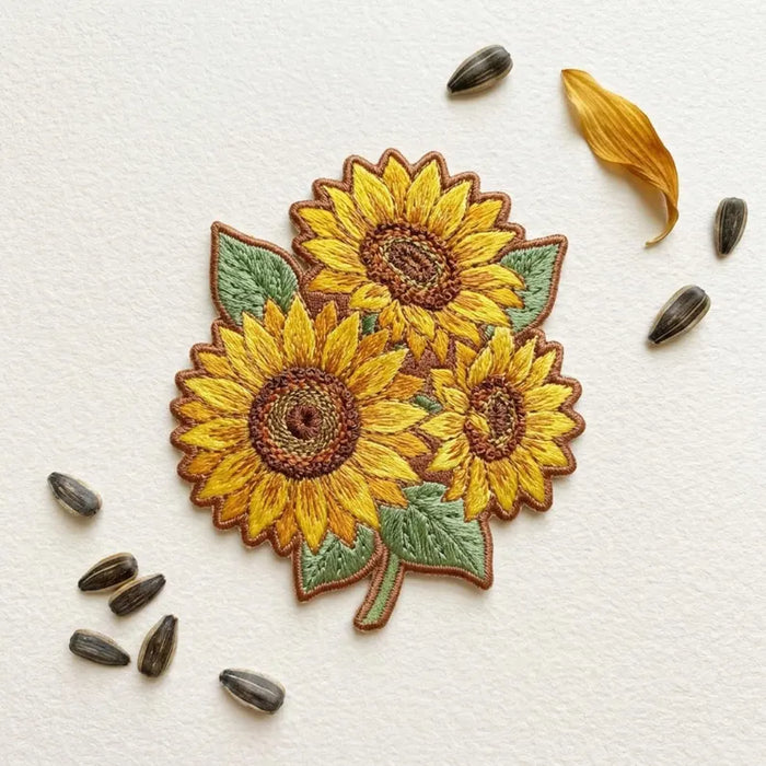 Sunflower Bouquet Three Blooms Leaves Iron On Embroidered Patch