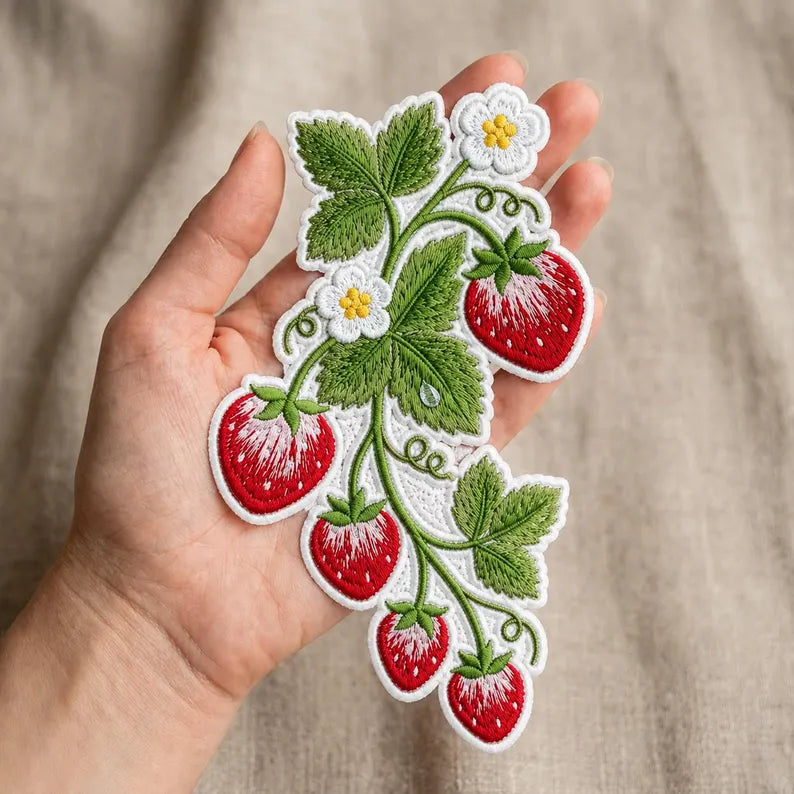 Strawberry Vine Botanical Flowers Iron On Embroidered Patch — Iron-on patch