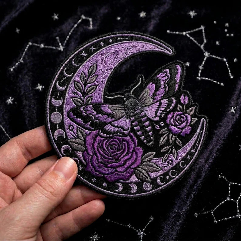 Death's Head Moth Crescent Moon Roses Moon Phases Gothic Iron On Embroidered Patch — Iron-on patch