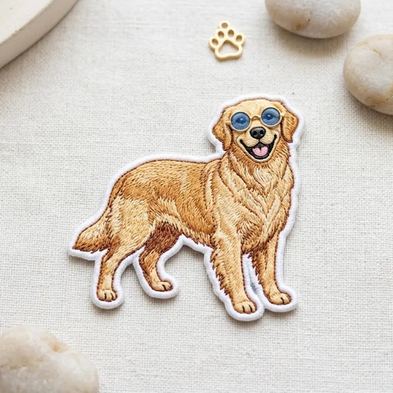 Golden Retriever With Sunglasses Cool Dog Iron On Embroidered Patch — Iron-on patch