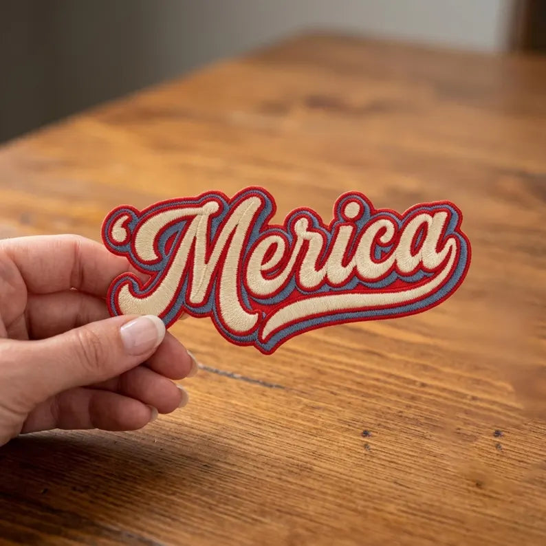 'Merica Retro Script Patriotic Iron On Embroidered Patch — Iron-on patch