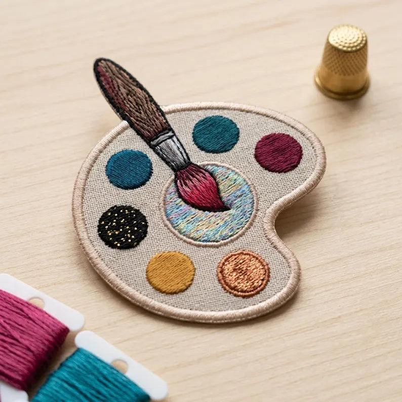 Artist Paint Palette Paintbrush Colorful Dots Iron On Embroidered Patch — Iron-on patch