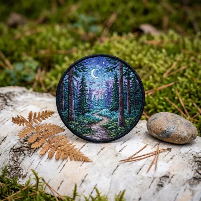 Forest Trail Night Sky Crescent Moon Pine Trees Scenic embroidered iron on patch — front view