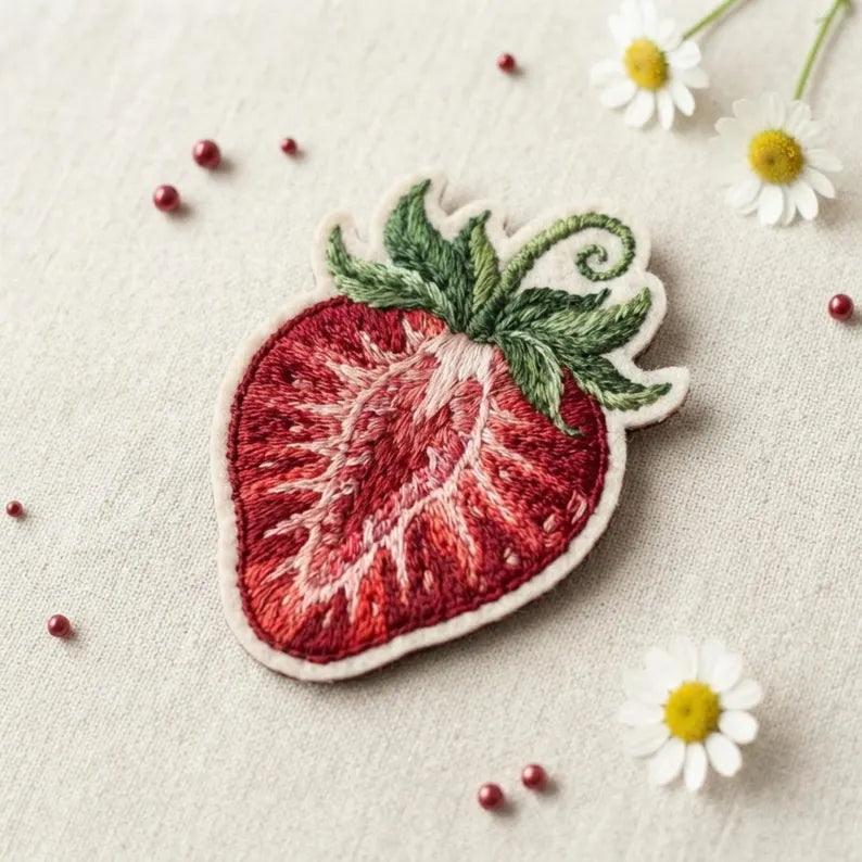 Strawberry Botanical Thread Painting Iron On Embroidered Patch — Iron-on patch